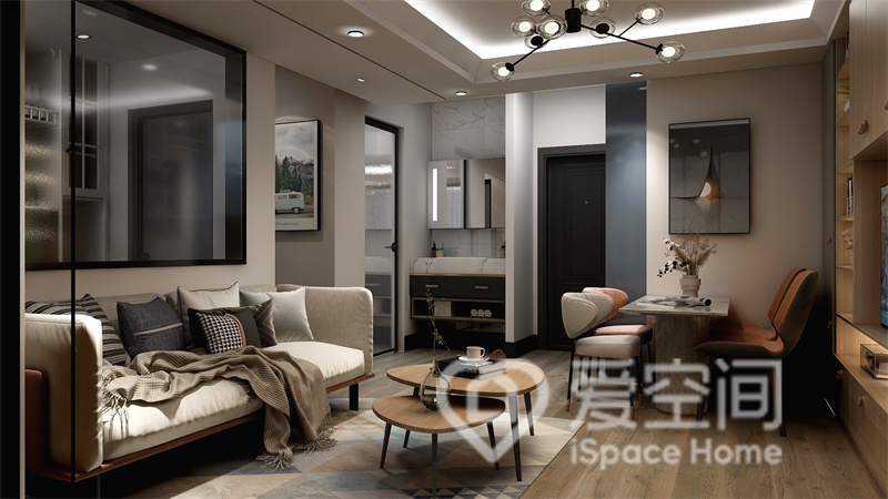 客厅与餐厅一体化设计，整体氛围高雅精致，家具温暖自然，设计师用线条诠释都市美感，创造出一种静谧的生活状态。