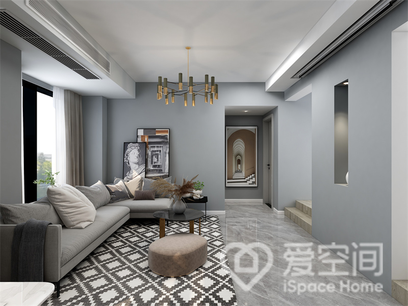 客厅以灰色为主色调，搭配布艺沙发和大理石地板，艺术画和时尚灯具打造出充满时尚美感的空间氛围。
