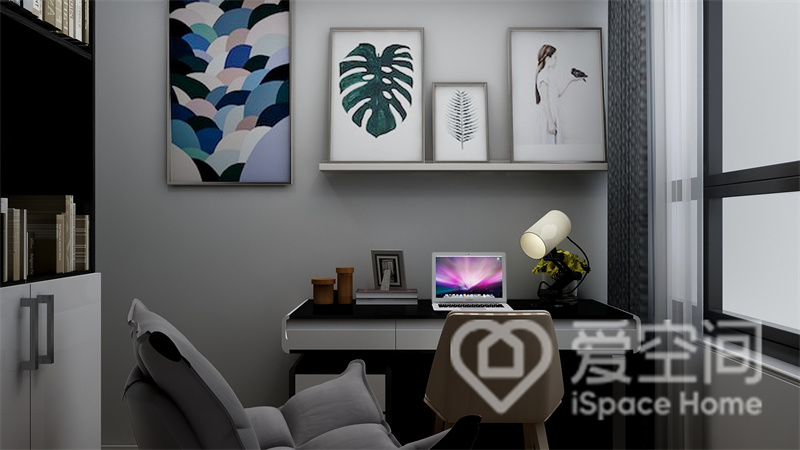 灰色背景带来素雅稳重的视觉感受，文艺装饰画的点缀营造出更宽敞、更有活力的空间氛围。