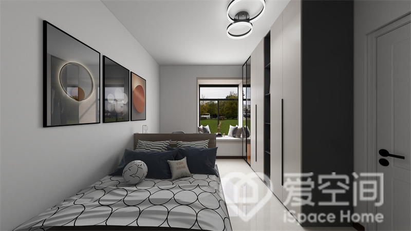 白色背景墙搭配素色家具床品，温柔又稳重，装饰画及灯饰为房间注入一份优雅与时尚，整个空间十分低调。