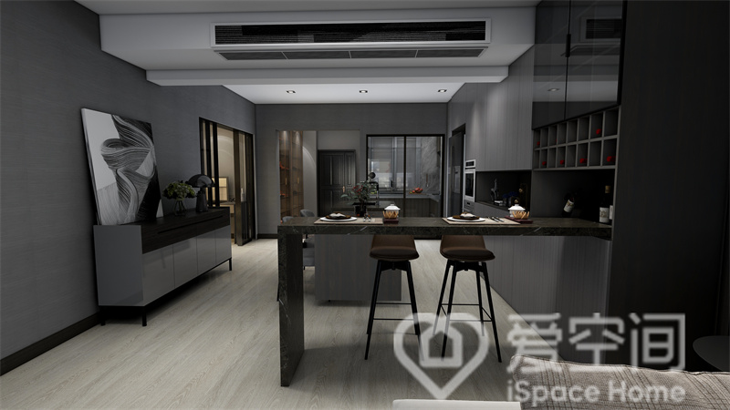 吧台完美的划分了客厅与餐厅，娱乐与用餐可在这里同时展开，这正是现代生活应有的姿态。