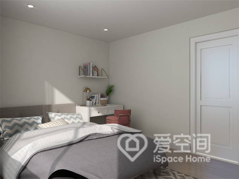为打造出安静温馨的睡眠环境，主卧无主灯设计，家具造型上保持了简约，白与灰的搭配营造出朦胧的美感。