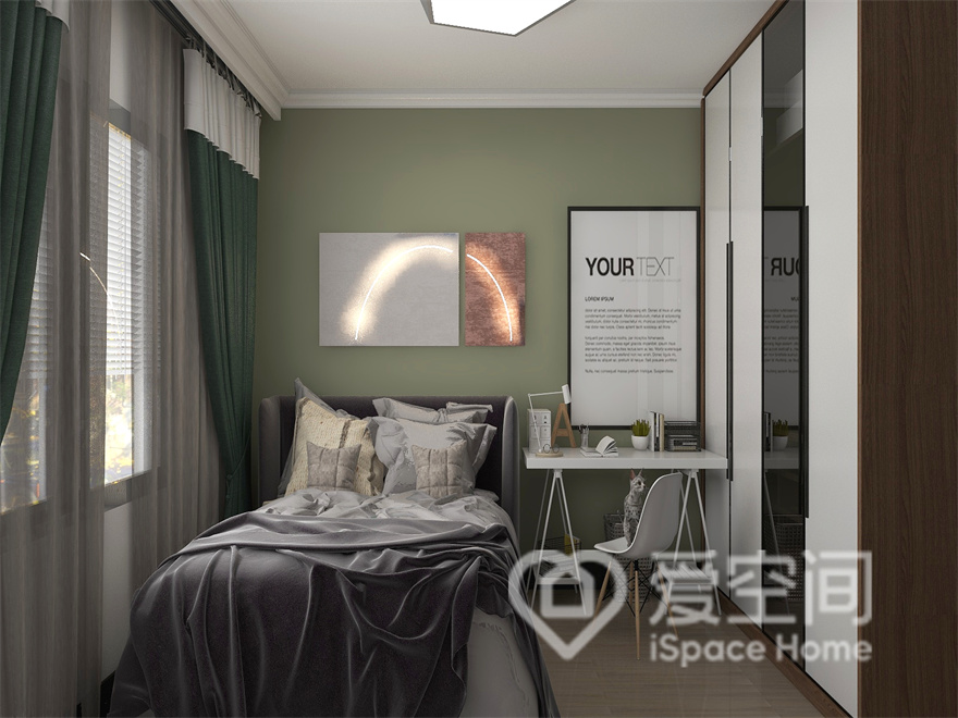 果木绿的背景墙营造出舒适的家居氛围，灰色床品保有刚毅不羁的非凡特质，整体个性化特质明显。