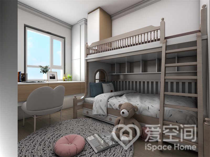 儿童空间中，设计师利用自然的色调和天然材料相结合，并添置了高低床，创造出舒适温馨的休息氛围。
