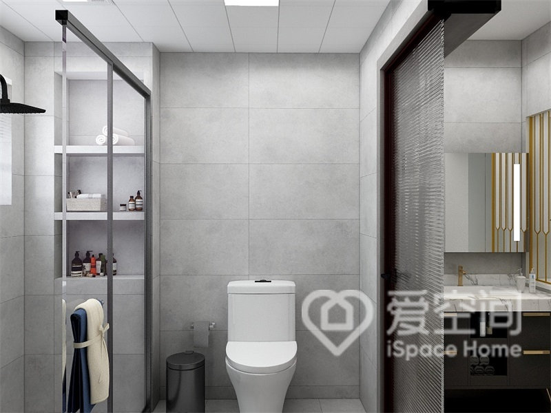 设计师以简约的线条和素雅的色块，打造宁静自然的卫浴间，并采用了干湿分离。