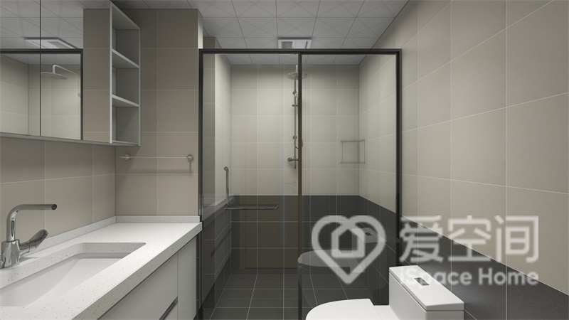 卫生间动线规划流畅，干湿分离造型简约，白色洁具令空间的内容更加丰富。
