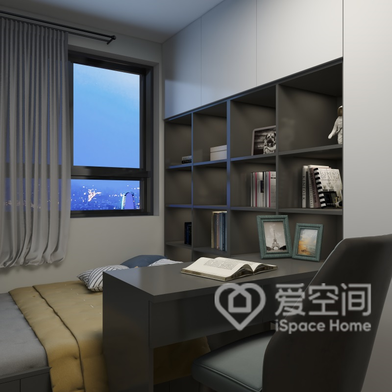 次卧结构紧凑，为节省空间占地，设计师采用了榻榻米一体柜来提升空间利用率。