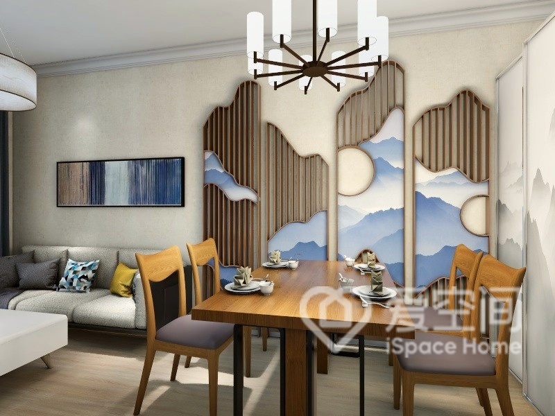 餐桌墙面借助个性化的设计提升空间时尚氛围，同时也避免了用餐时候污染墙面问题的发生。