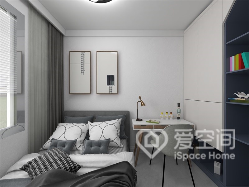 次卧主要便是考虑居住以及学习方面的问题，单人床搭配小书桌，满足多类型使用需求。