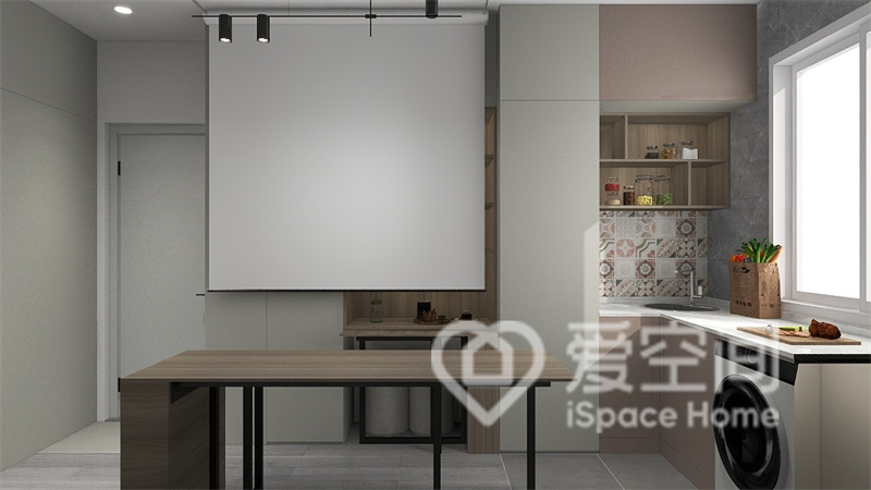 餐厅空间以白色和原木为主，餐桌前放置投影仪，方便业主一边用餐一边观影。