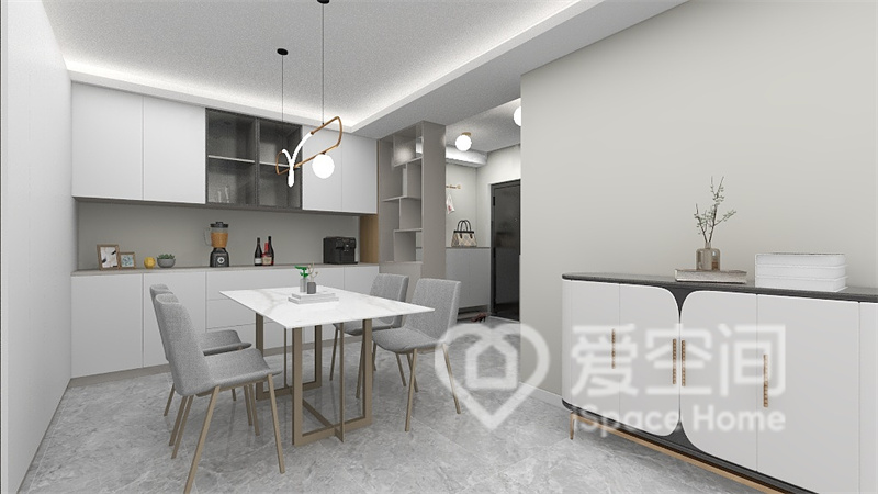 米白色为餐厅的主色调，餐桌椅突出几何感，餐边柜的设计简洁大气，收纳强大，。