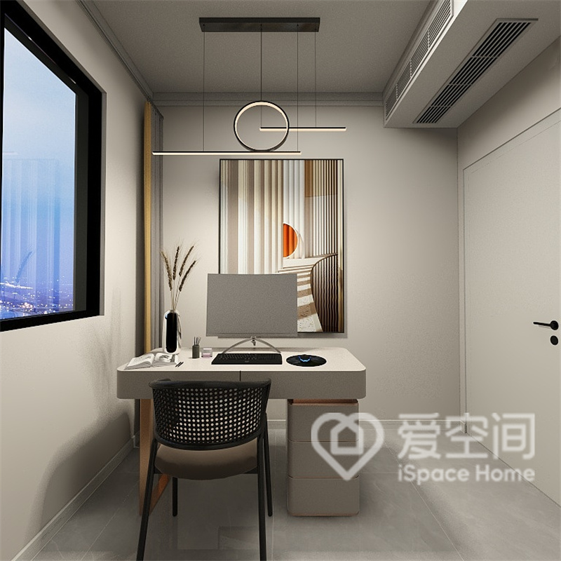 书房空间的设计以融合为主，背景大面积留白设计，塑造出沉浸式的办公体验，书桌椅带来规整的美感。