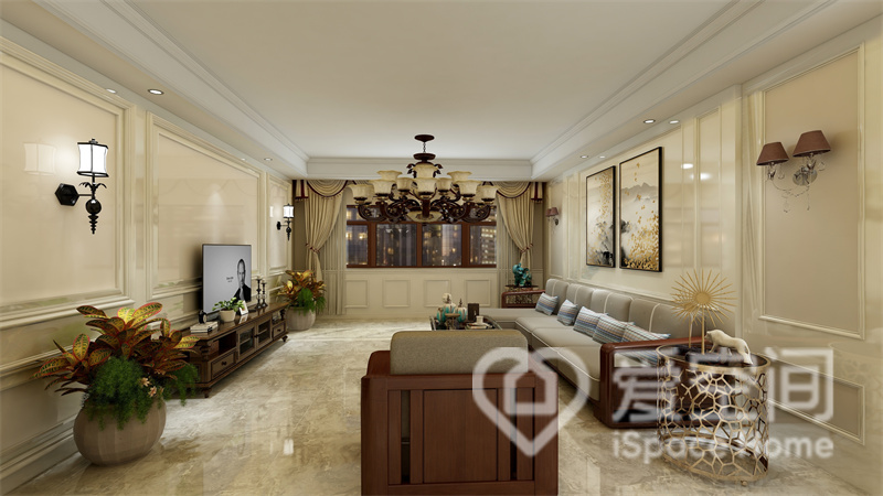 客厅特别宽阔，香槟色背景搭配典雅家具，优雅与时尚并存，每一件典雅的家具都彰显出业主的审美与品味。