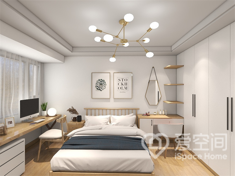 次卧色调以白色为主，木色床头、写字桌、化妆台、搁台，低调的体现着业主生活的品质。