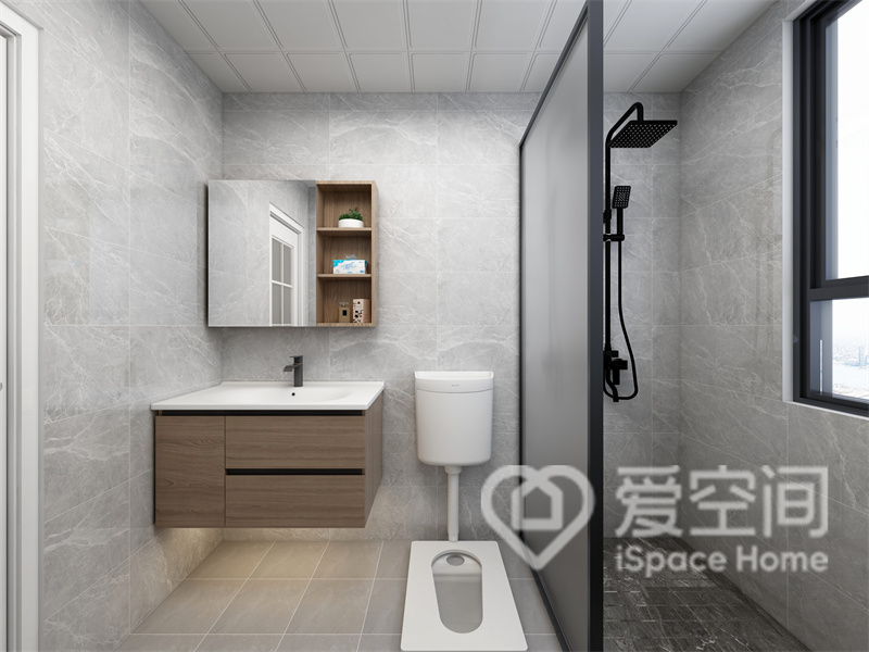 卫生间大面积用大理石营造空间感，洁具实用性与美观性兼具，干湿分离呈现出更有秩序的居住体验。