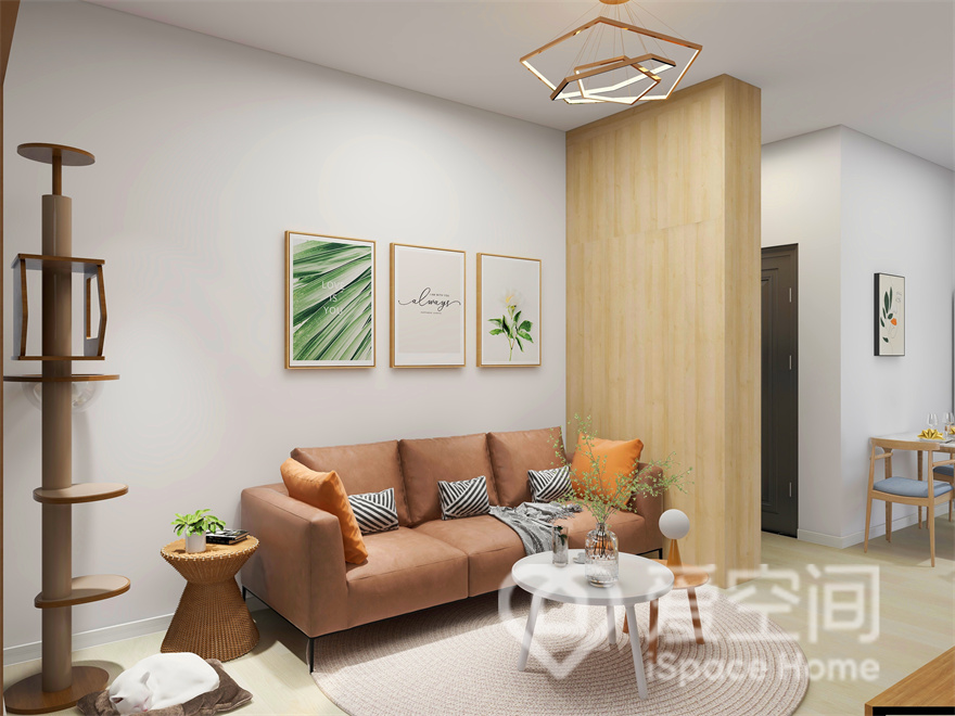 餐厅在客厅一侧，原木家具给原本沉静的空间注入一丝活力，两个功能区中间加以隔断，保证了生活的私密感。