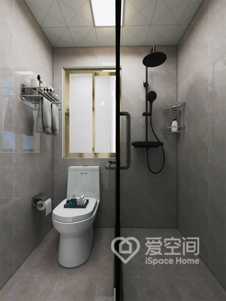 整个卫浴空间以米色为主调，设计师在空间中加入了白色洁具进行点缀，不多不少恰到好处。