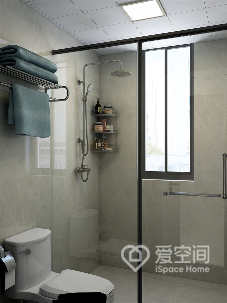 卫生间在空间色彩、收纳设计、洁具选择上都保持了高度的统一，干湿分离增加了视觉的层次效果。