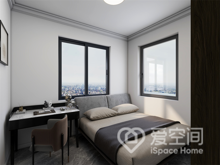 次卧空间光线充足且宽敞，低饱和配色带来美学平衡，室内家具功能性和整洁感兼具，使用舒适。