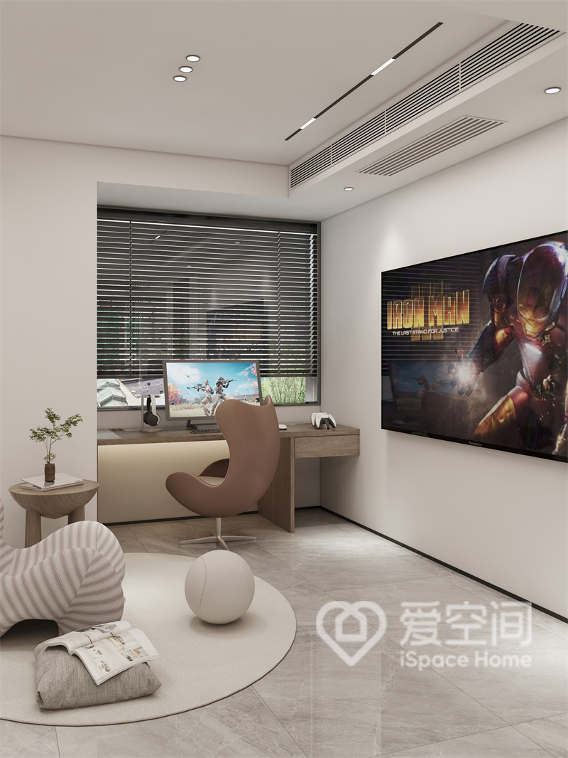 背景装饰画看起来颇具艺术感，书桌造型尺度和谐，电脑椅造型时尚，增添了空间的创意感。